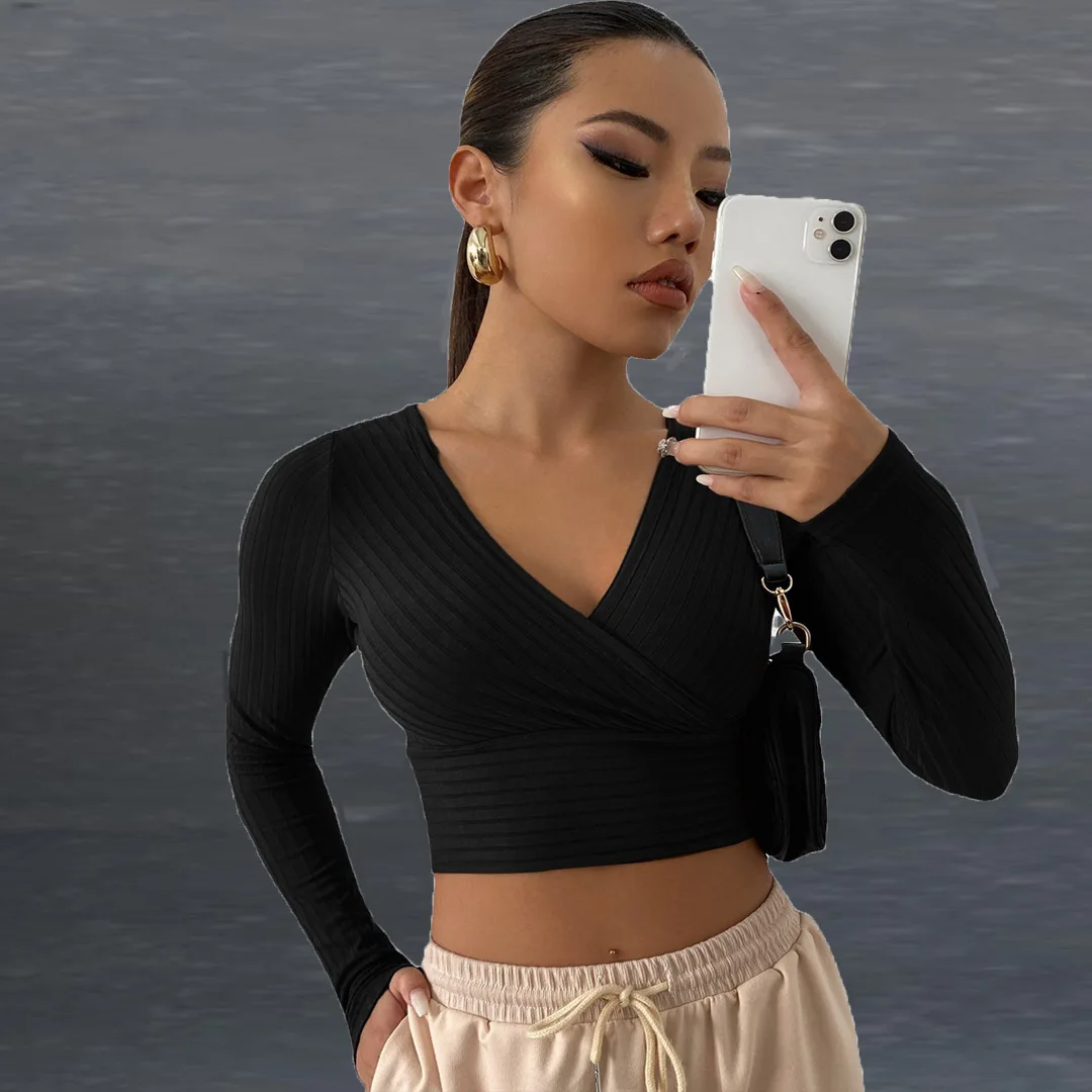 low price deep v neck sexy crop tops for women wholesale ribbed long sleeve crop top