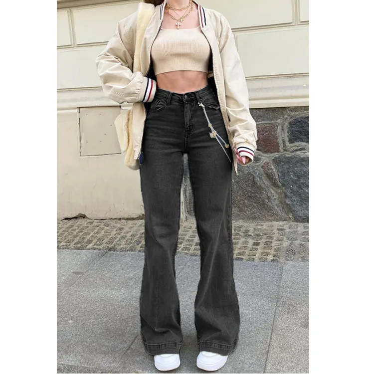 2024 New Arrival Loose Denim Pants High Waist Baggy Jean Trousers Straight Leg Casual Style Solid Pattern Medium Wash Summer