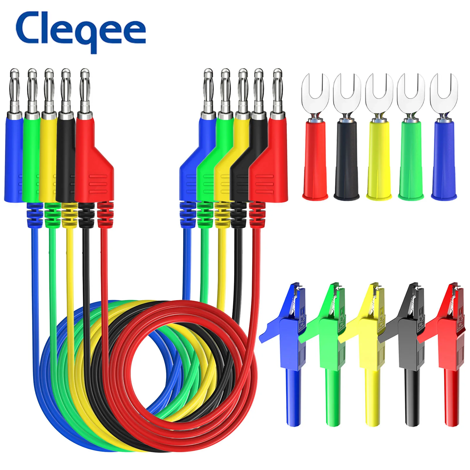 Cleqee P1036A 15PCS Dual 4mm Banana Plug Multimeter Test Leads Kit with Alligator Clip 6mm Spade Plug 1M Wire 1000V 15A