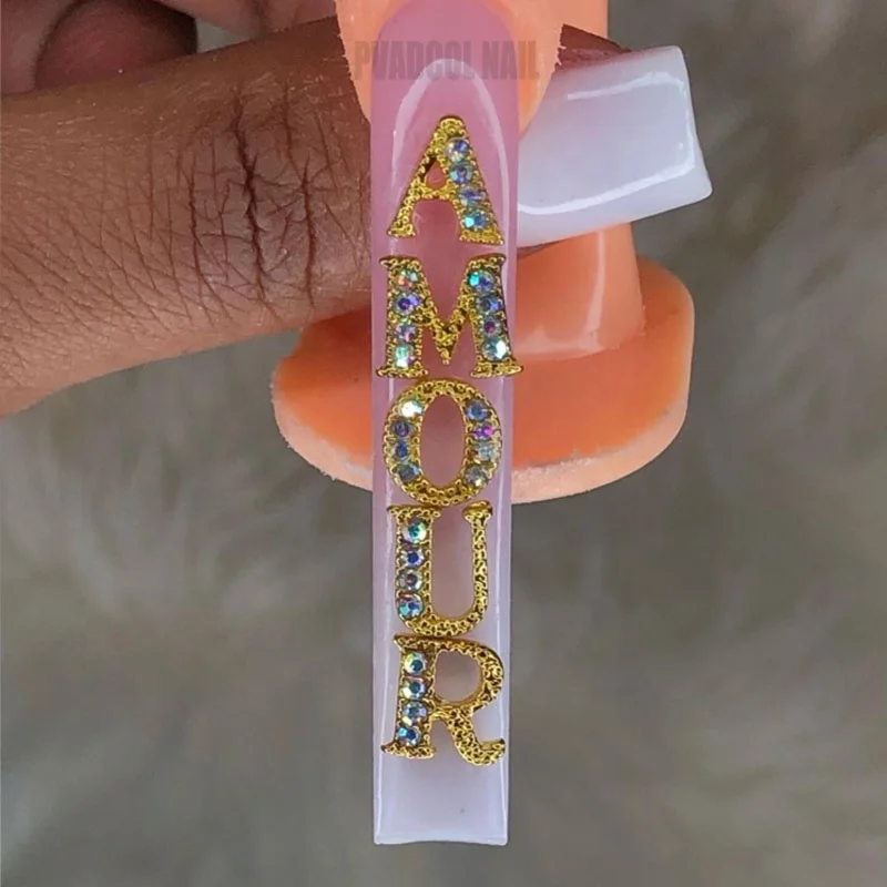 Newest 26pcs 3D Nail Art Gold English Letter Rhinestones Alloy Nail Charms Acrylic Tips Decoration