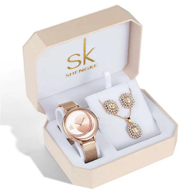 Shengke Rose Gold Watches Women Set Luxury Crystal Earrings Necklace Watches Set SK Ladies Quartz Watch Gifts For Women