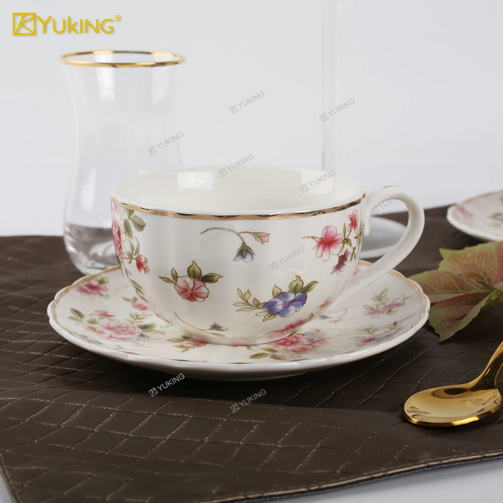 Hot sale 220ml bone china cup and saucer ceramic coffee cup for flower designs and golden lines factory direct high quality