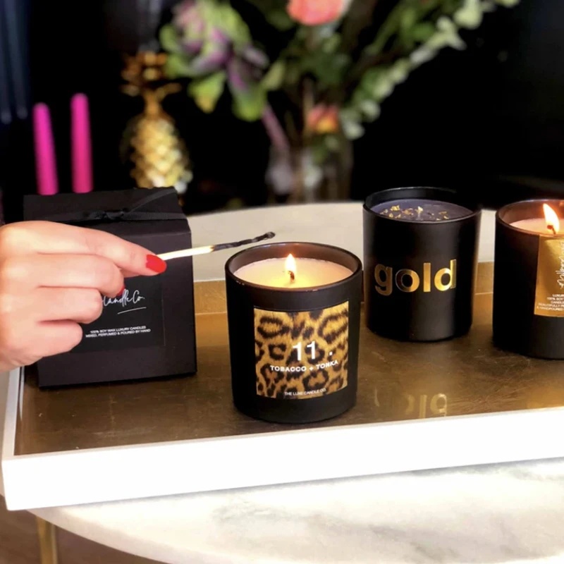 100% natural scented black wax soy matte glass candle jar with logo