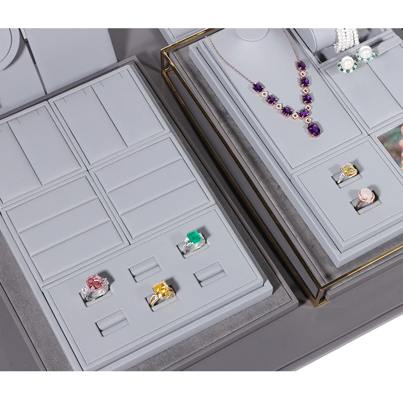 ROMI Custom Grey Metal Microfiber Ring Bracelet Necklace Holder Jewelry Display Stands Set Display Tray