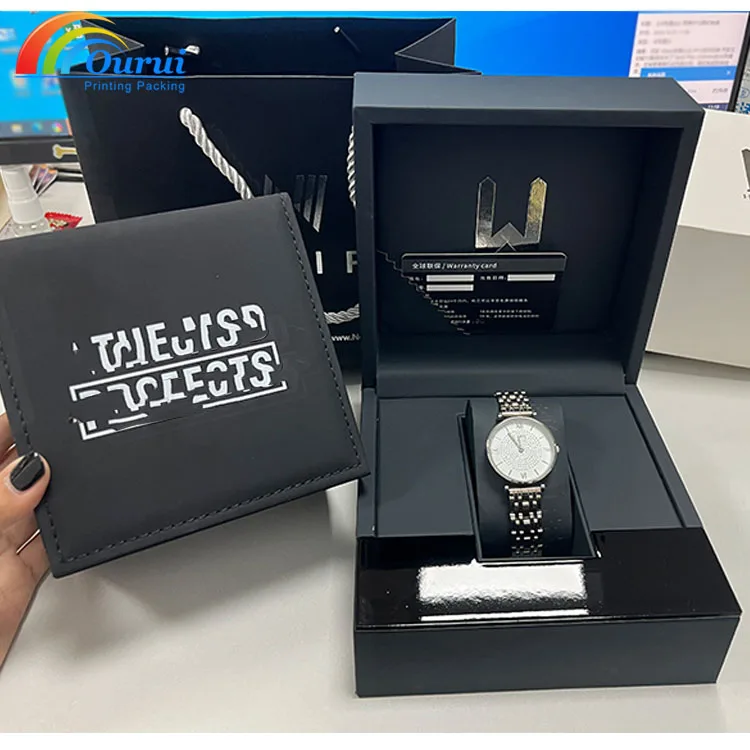 Luxury Black Man Watch Box Durable Leather Plastic Case Shopping Bag Watch Storage Accessories PC MDF Warranty Card Included