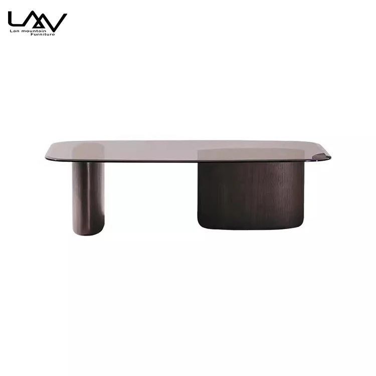 Italian style walnut coffee table set modern hotel villa living room wood leg glass top coffee table and side table furniture