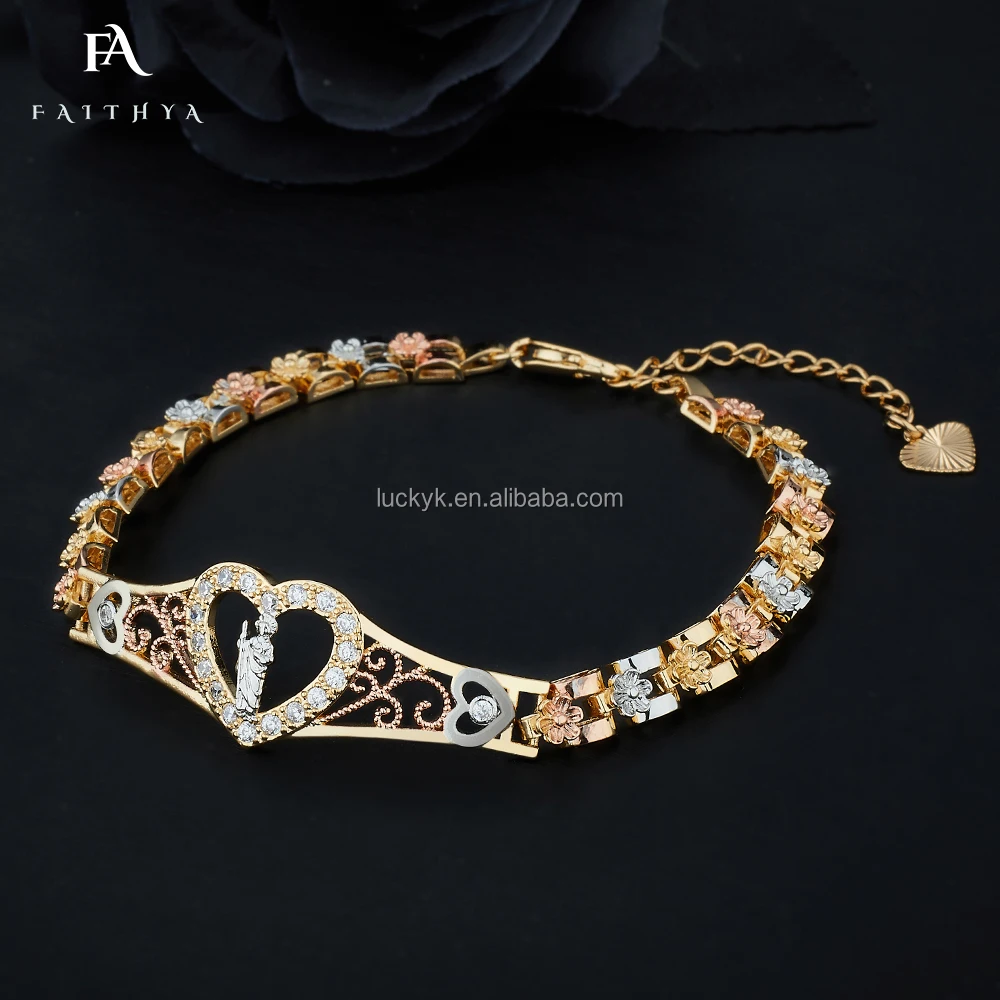 FB0037 пользовательские 14K ламинированные золотые ювелирные изделия Pulsera De tourmal Ojo циркониевые дизайнерские San Judas Tadeo браслеты с подвесками в форме сердца