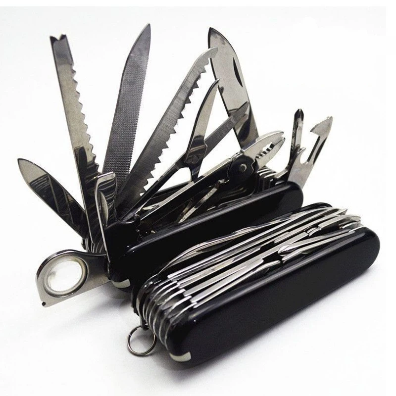 Multi Functional Stainless Steel Outdoor Folding Swiss Knife Multi-tool Pocket-Size Wooden Knives Black Plastic Handle