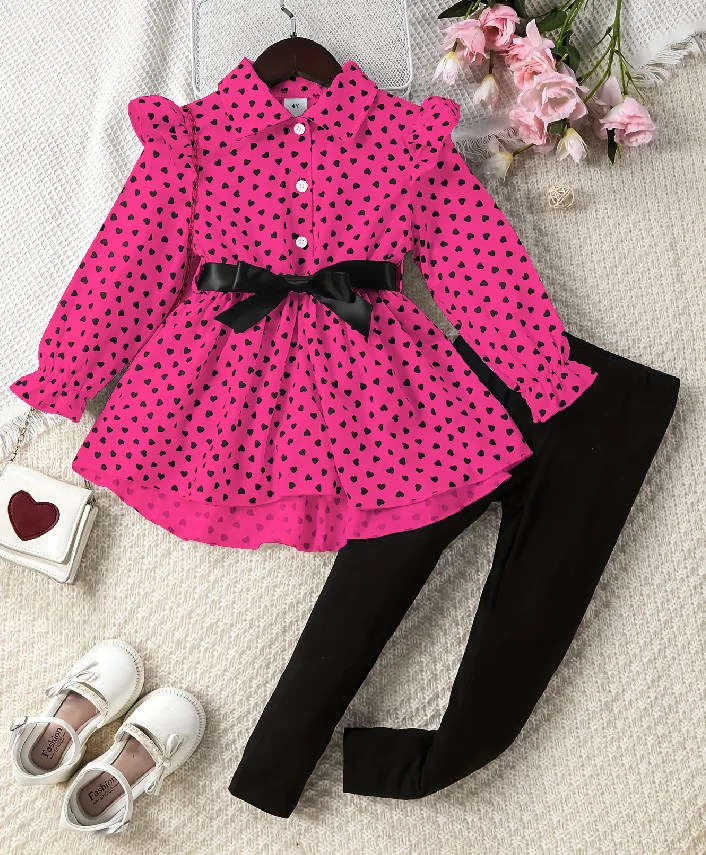 2024 Spring Autumn Fashion Hot Selling Children Clothing Love Print Lapel Top Tight Pants 2Pcs Wholesale Girls clothing sets