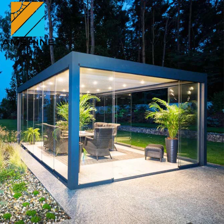 Bioclimatic Pergola Aluminium Roof Louvre Gazebo Carport With Frameless Glass Door Folding