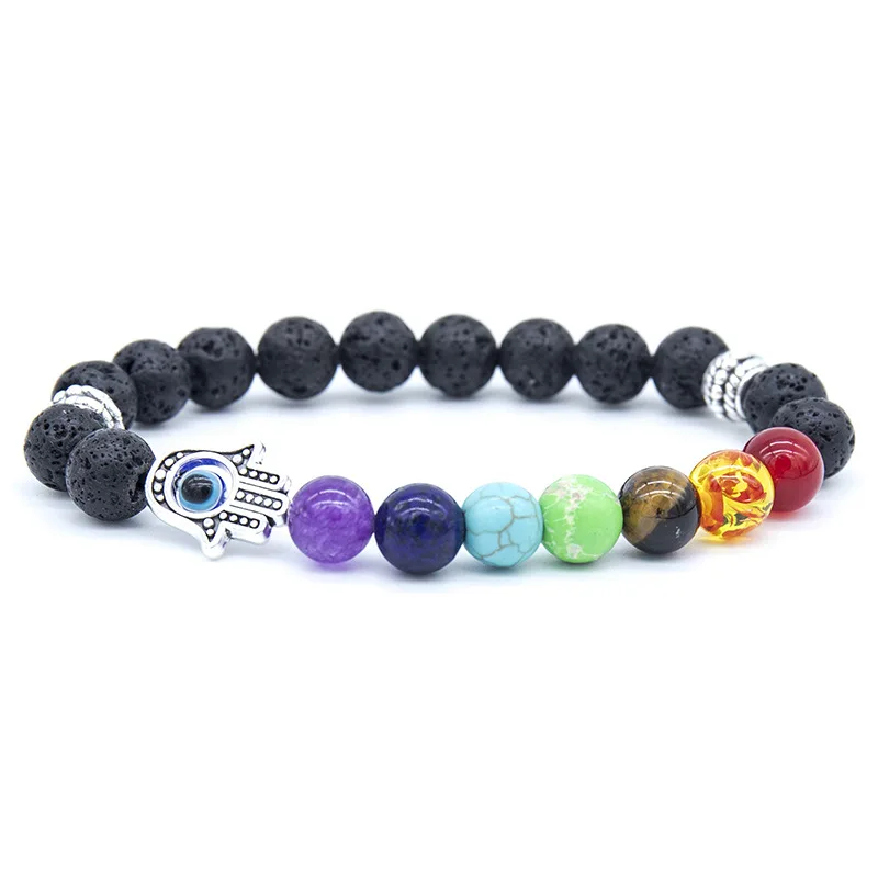 2022 New Arrival Natural Stone Hand Of Fatima Chakra Bracelet Coloful Lava Crystals Healing Stone Beaded Evil Eye Bracelet