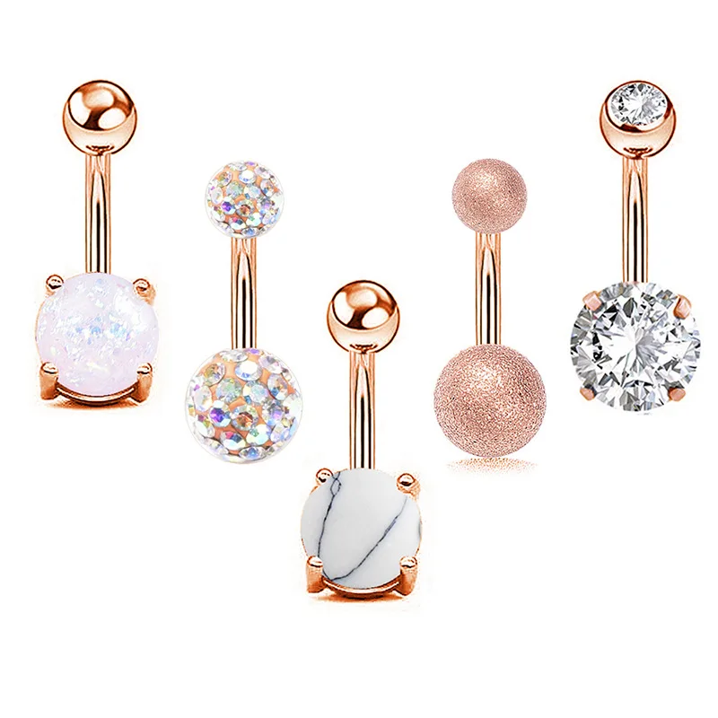 5pcs set Women Sexy Body Jewelry Rose Gold Silver Opal Turquoise Belly Button Ring Medical Steel Zircon Navel Rings Piercing