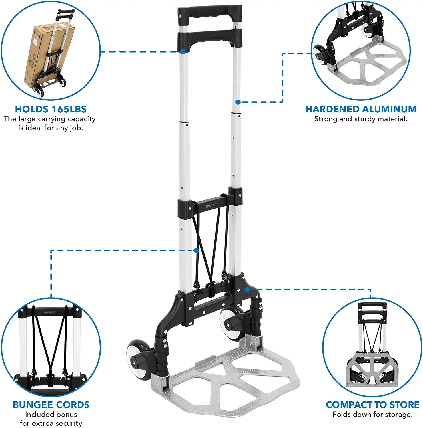 Folding Hand Truck and Personal Dolly 165 lb Capacity with Rubber Wheels and Telescoping Handle Aluminum Luggage Cart