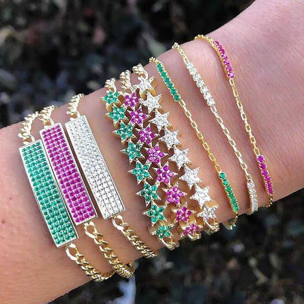 Fashion Gold Plated Rope Thick Chain Set rainbow Cz Paved Flower Charm Bracelet with Multi Flower Charm Bracelet for Wedding