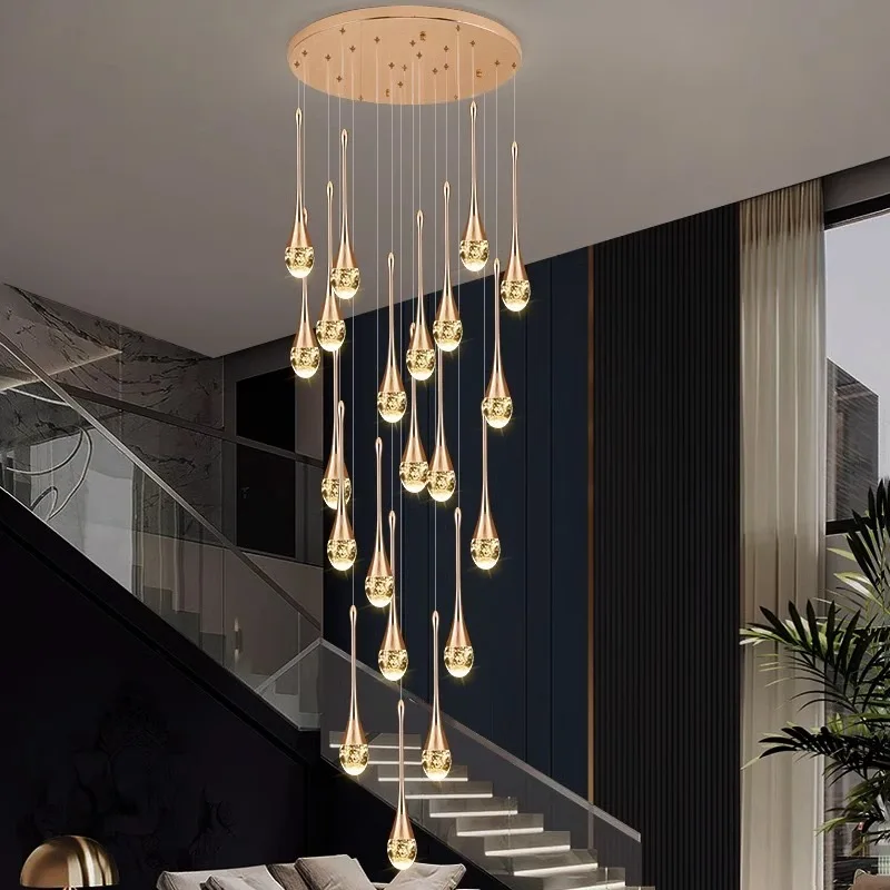 Long spiral crystal chandelier Golden bubble raindrop crystal chandelier Stairs Sloping ceiling Attic fixtures LED dimmable