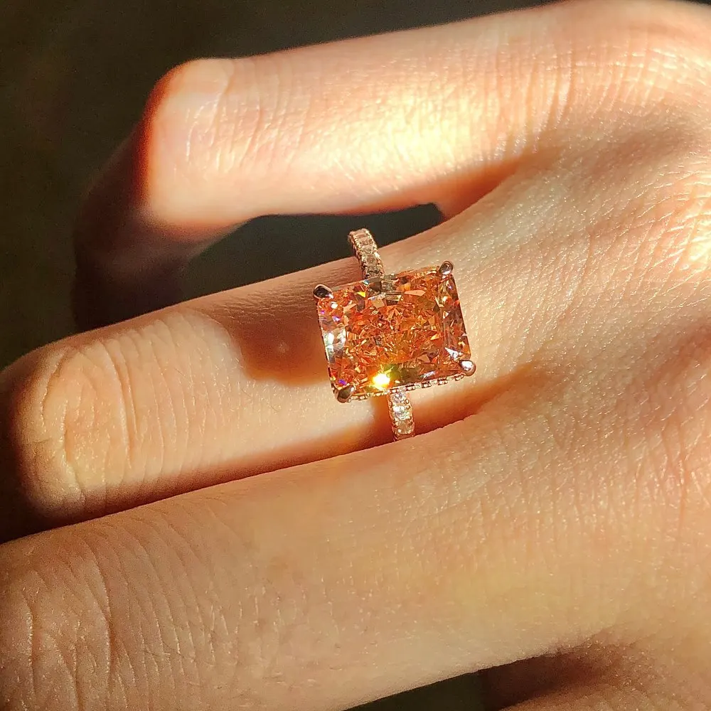 High Quality High 8A carbon diamond ice cut 8X10 Pink Blue Topaz CZ Rhodium Engagement Silver Rings Women 925 Sterling Silver