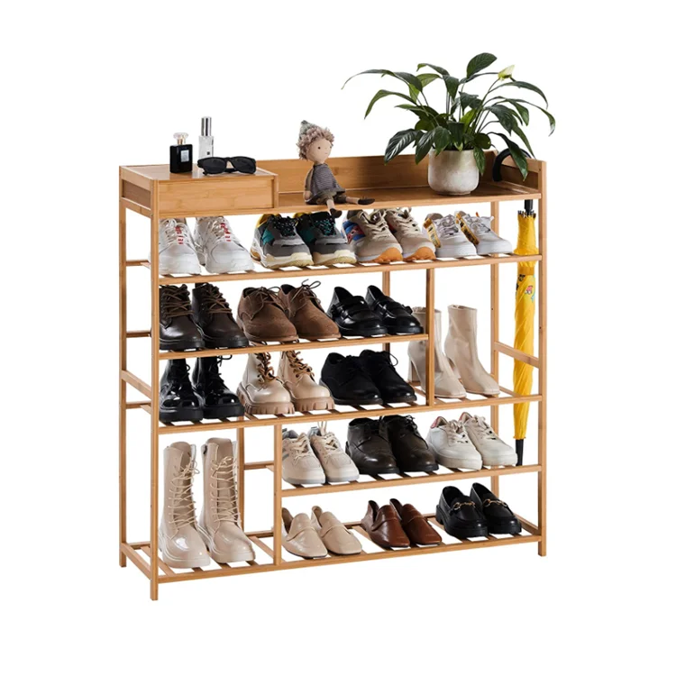 Natural wood household entryway storage box shoe cabinet 5-tier bamboo shoe rack for entryway
