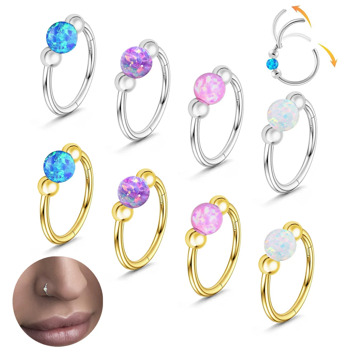 Opal Nose Rings Hoops Piercings Jewelry 316L Surgical Steel Septum for Women 18G Hinged Helix Rook Conch Cartilage Daith Earring