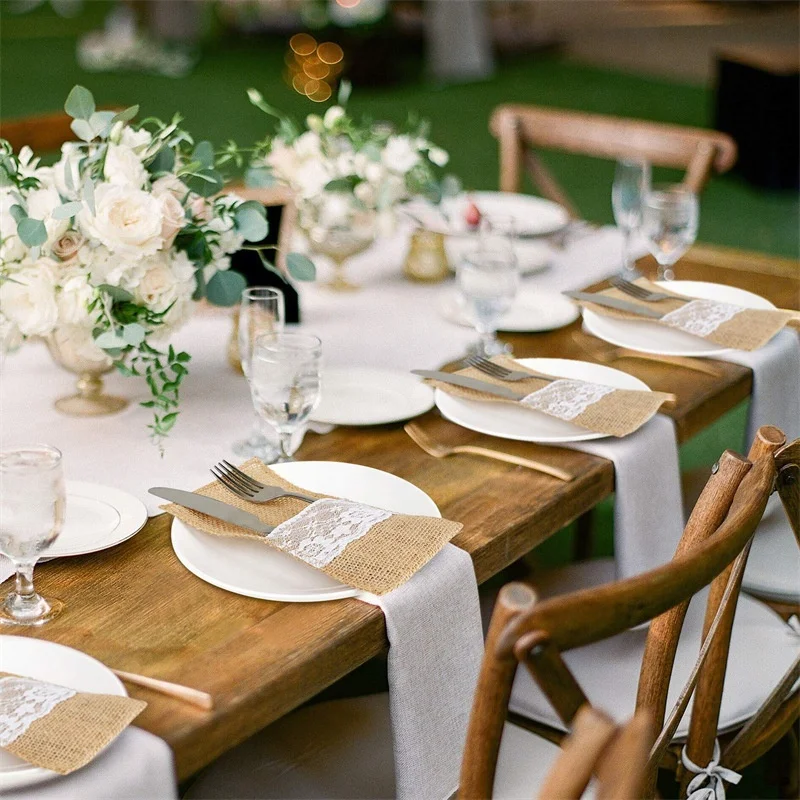 Vintage Burlap Napkin With Lace Hotel Wedding Dinner Table Pad Decorate Cloth Napkins Baige