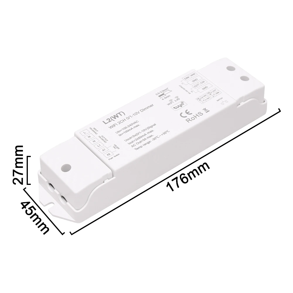 Светодиодный контроллер L2(WT) 0/1-10 В Wi-Fi + RF диммер с нажимом 2CH DIM & CCT Голосовое управление через приложение Tuya