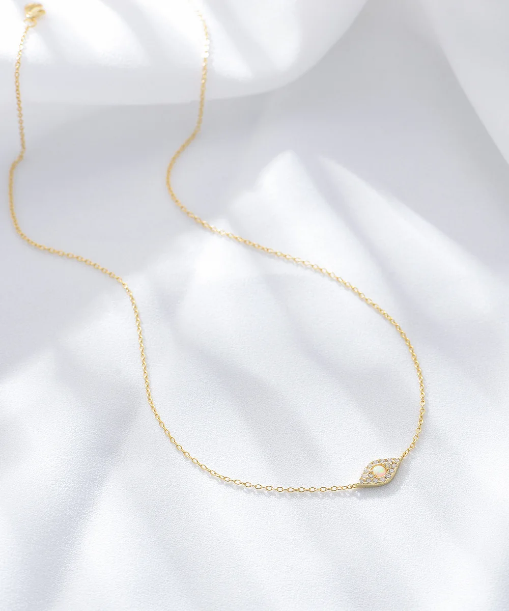 Hot Sale Delicate S925 Sterling Silver Cubic Zircon Eyes Shaped Necklace Popular 925 Silver Opal Diamond Evil Eyes Necklace