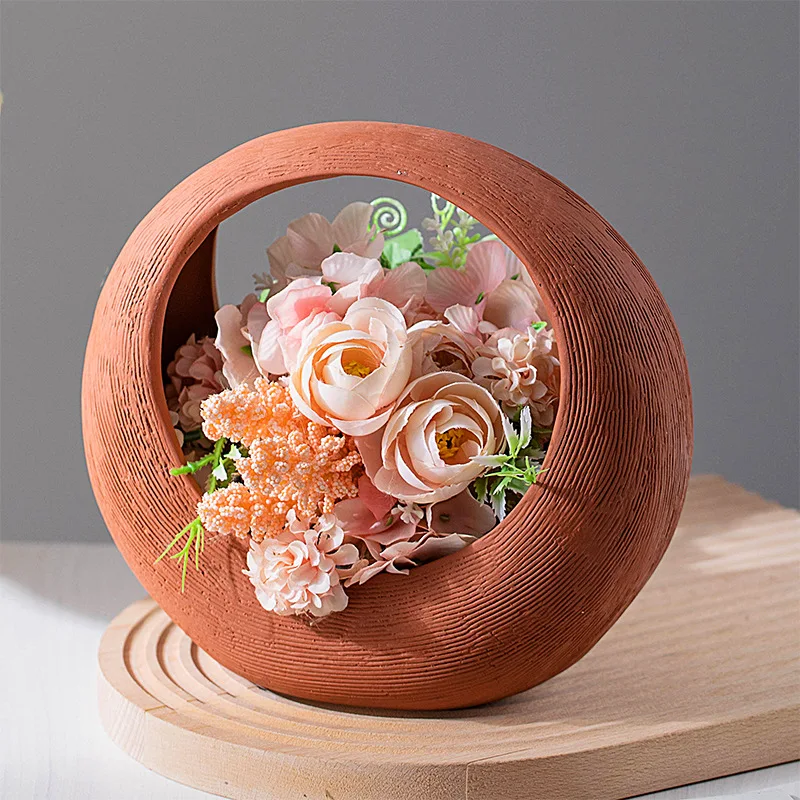 New Red Clay Ceramic Vase Creative Hydroponic Dried Flower Basket Living Room European Home Decoration Ornaments Terracotta Vase