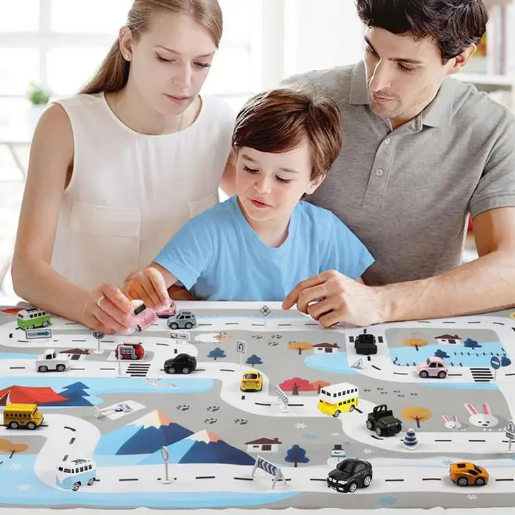 
2020 Children Traffic Parking Lot Map Game Pad Play Mat Car Carpet with Road 8 vehicles 18 traffic signs 1 crawling mat set 