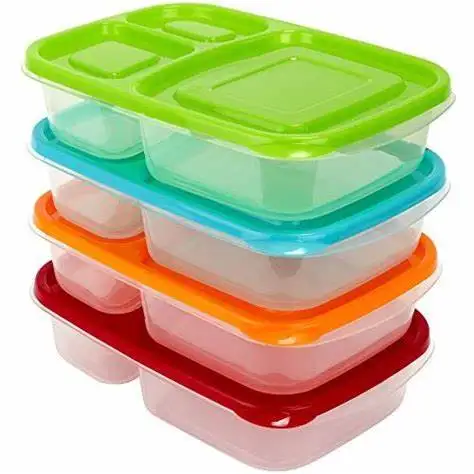 High Quality 3 Compartments PP Material Microwaveable Reusable Lunch Box with Colorful Lid