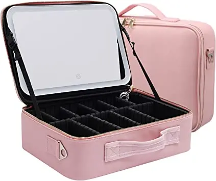 Makeup Case With Led Mirror Makeup 3 Color Setting Organizer PU Makeup Box With Adjustable Dividers Large Cosmetic Bag