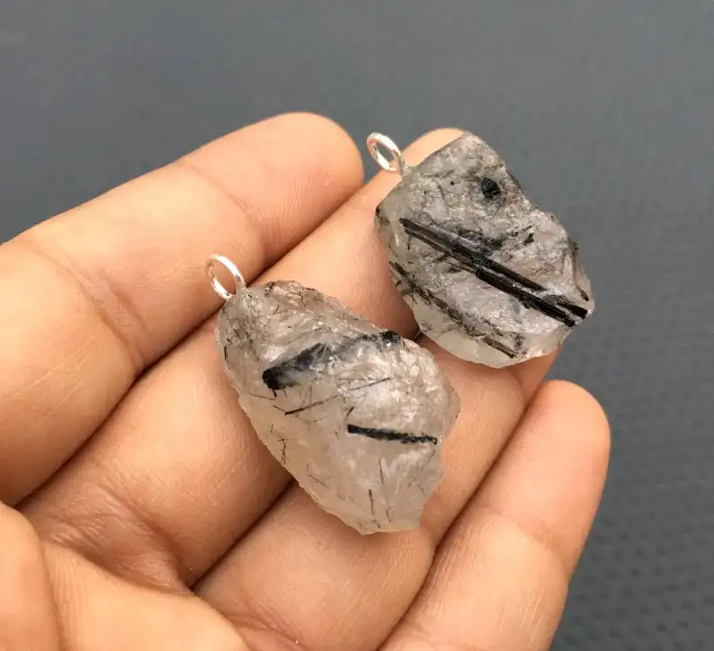 2 Pieces Genuine Quality Natural Black Rutile Untreated Rough Gemstone 92.5 Sterling Silver Charm Pendant Wholesale