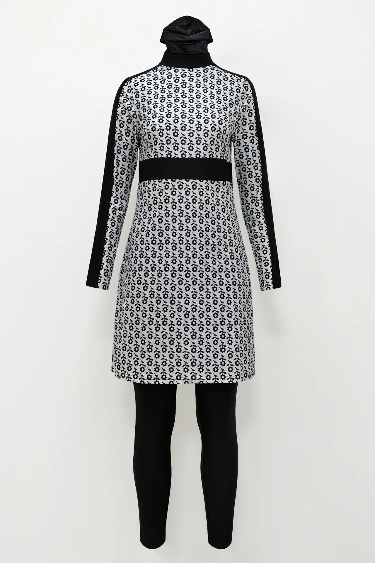 Women Black And White Full Cover Overall Muslim Swim Suit Islamic Hijab Muslim Swimwear Swimsuits 3 Piece Printed Beach Wear