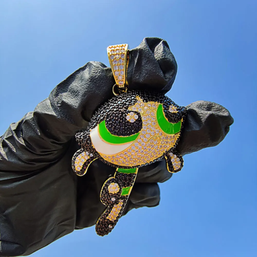 Hip Hop Hot Sale Elf Punk Buttercup Pendant Iced Out Cartoon Charm Powerpuff Girls Pendant Necklace