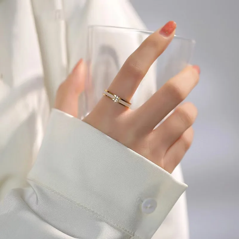 Stainless Steel Full Diamond Open Ring White Mother-Of-Pearl H Letter Double Butterfly Four-Leaf Flower Step-By-Step Bamboo Ring