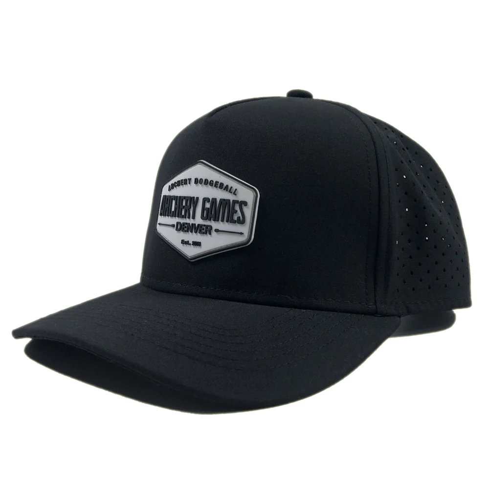 Custom PVC patch athletic performance hat Waterproof laser hole perforated 5 panel curved bill gorra Premium polyester golf caps