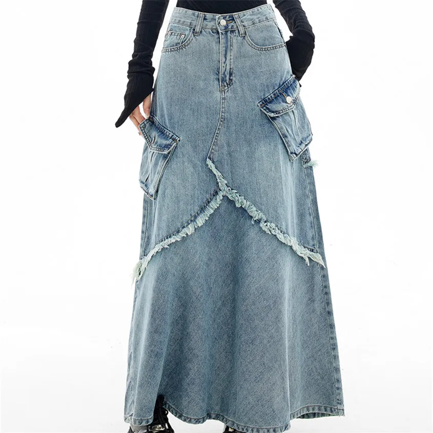 High quality custom patchwork raw edge denim skirt 2024 new designer work skirt high waist long A-line skirt