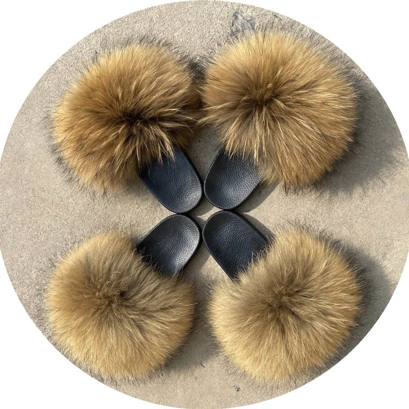
Reliable quality Cheap price Wholesale Hairy Fur Slippers Raccoon hair and fox hair brown fur Slippers real fox fur slides 