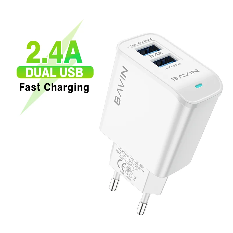 BAVIN Wholesale Custom Dual USB Ports 5V 2A 12w EU Plug Fast Charging HomeTravel Wall Charger with Micro USB Data Cable PC506Y
