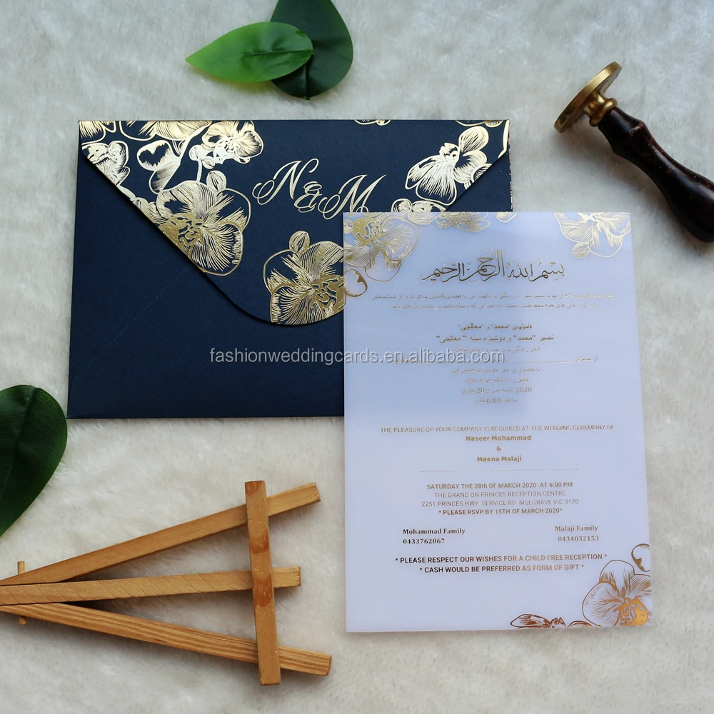 Modern Chinese Elegant Blue White Orchid Acrylic Wedding Invitations with Hot Foil and white acrylic cards with gold text