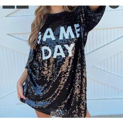 Custom Logo Oversized Sparkle OS Dress Sequin Jersey Tunic Top T-Shirt Dress Womens Game day Sequin Dress