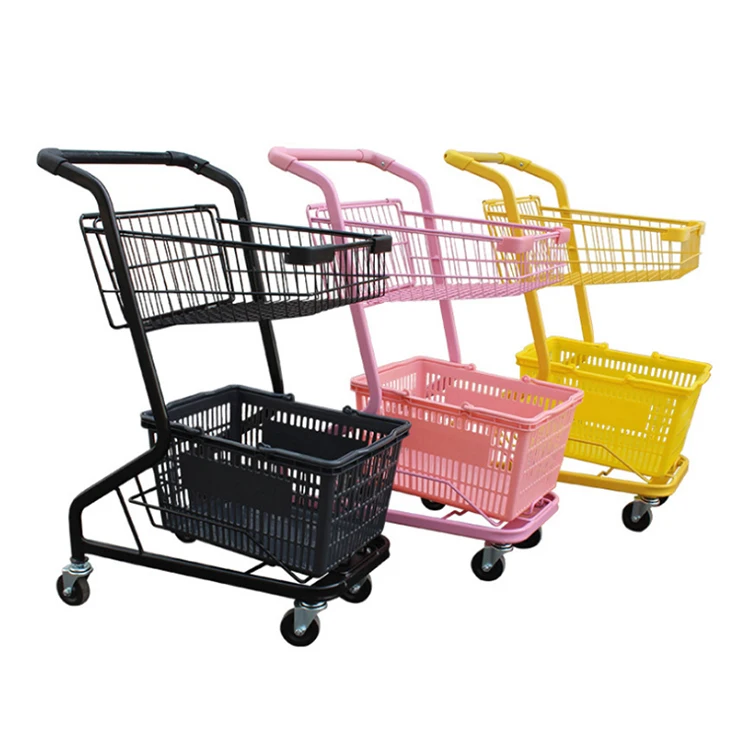 Manufacturer Hot Sale Metal 2-tier Trolley Double Basket Shopping Cart