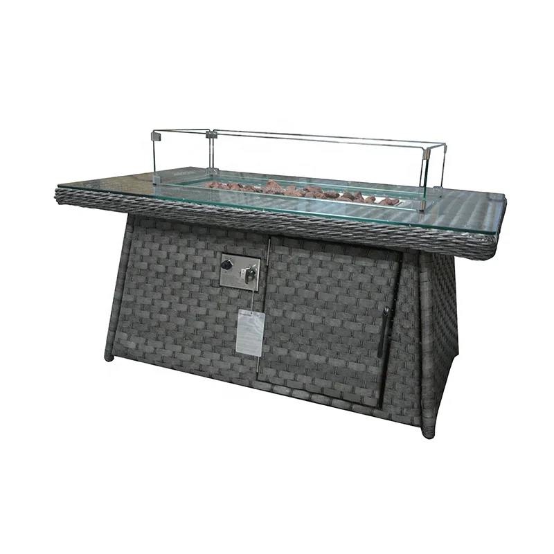 Luxury KD Patio Outdoor Garden Furniture Rattan Rectangular Fire Pit Dining Coffee Table 120*70cm With Glass Top