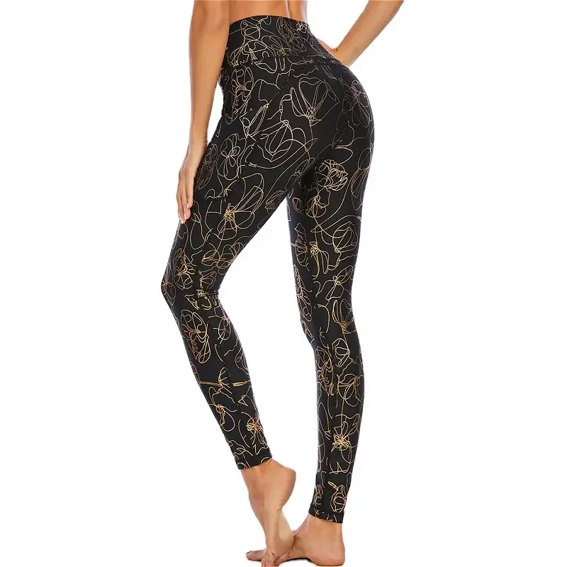 Shiny gold print recycled activewear wholesale gym wear custom fitness yoga pants womens gym black leggings