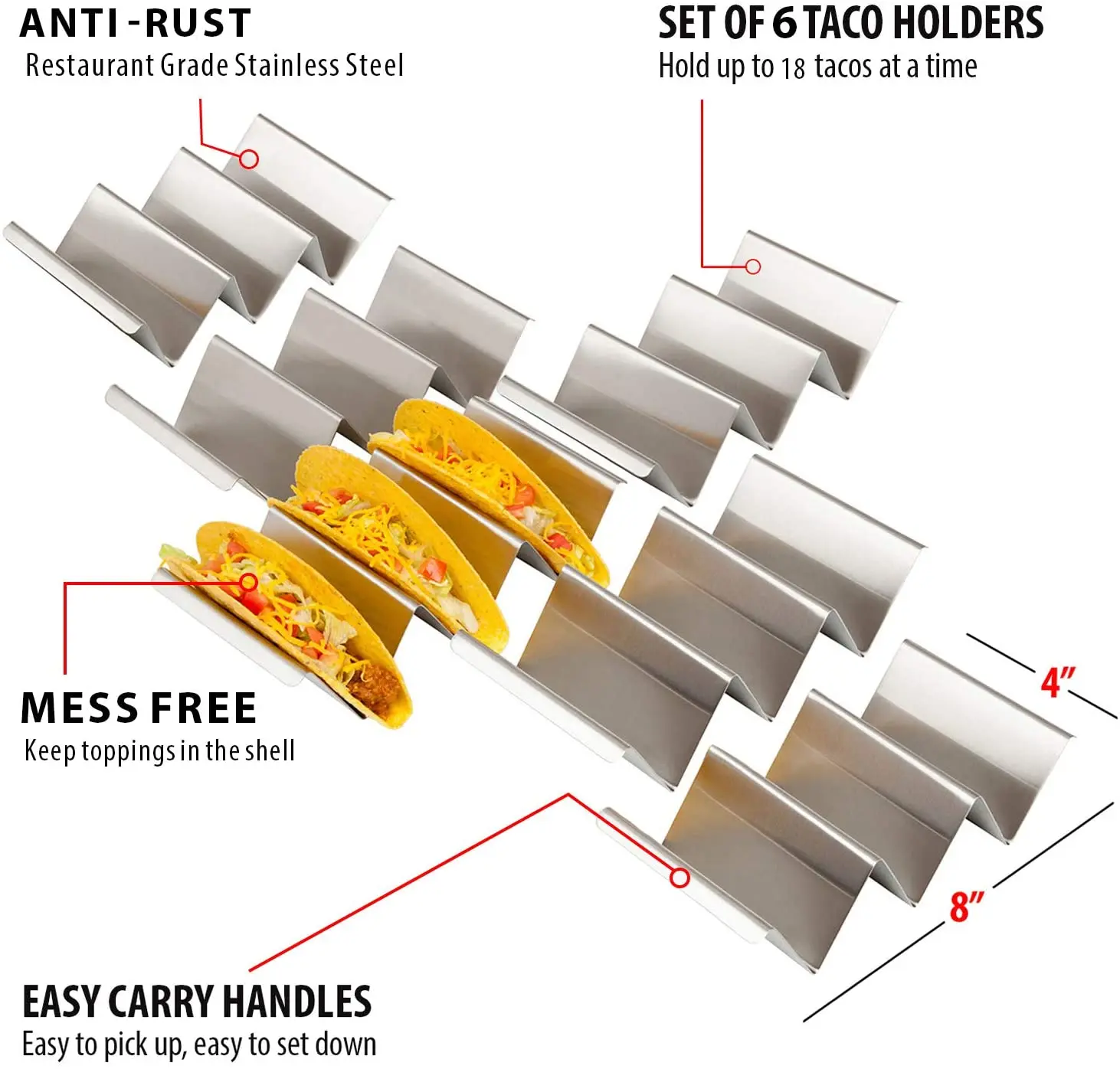 Taco Holder Stand Set of 6 Oven & Grill Safe Stainless Steel Taco Racks With Handles Taco Trays