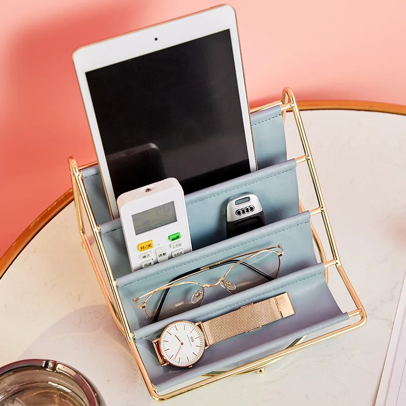 Nordic metal mesh leather desktop storage racks desk organizer stand