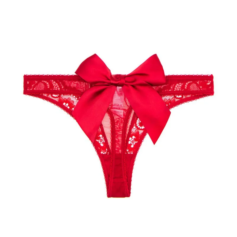Сексуальные кружевные женские прозрачные трусики с большим бантом и T-образной спинкой, женские трусики и нижнее белье, соблазнительная черная серия с низкой талией