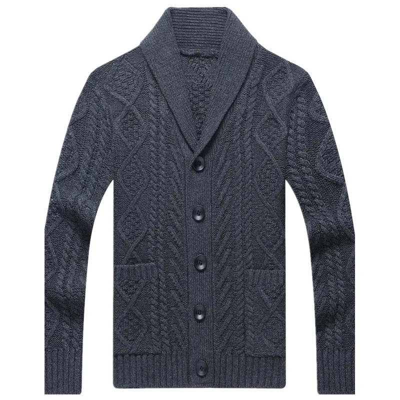Wholesale long sleeve chunky cable buttoned shawl collar men sweater cardigan with pockets