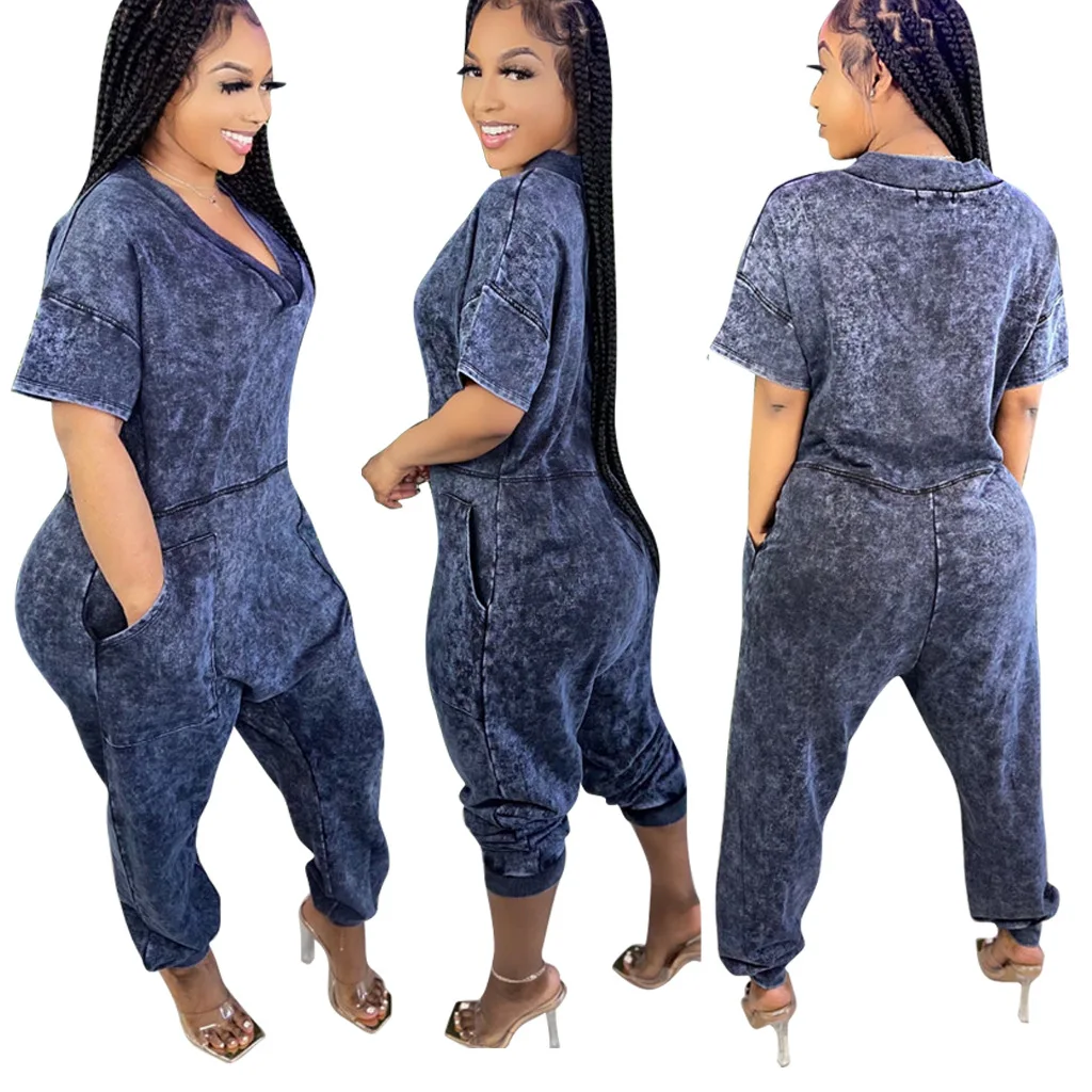 MDJP04-2202 2022 New Product Tie Dye Rompers Comfortable Loose V Neck Short Sleeve Women One Piece Sets Jumpsuits