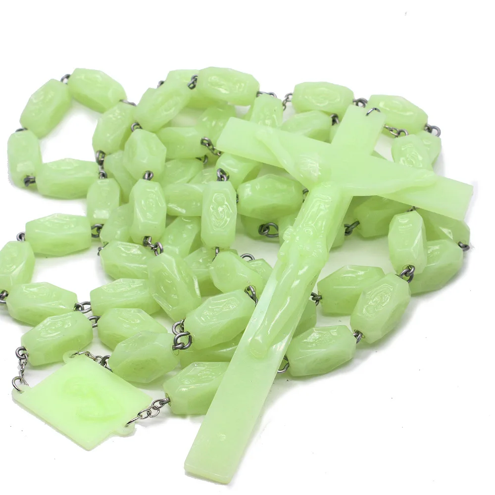 Religious Jewelry Cross Bead Luminous Plastic Glowing In Dark Prayer Rose Beads Christianity Wall Rosary Christ Necklace