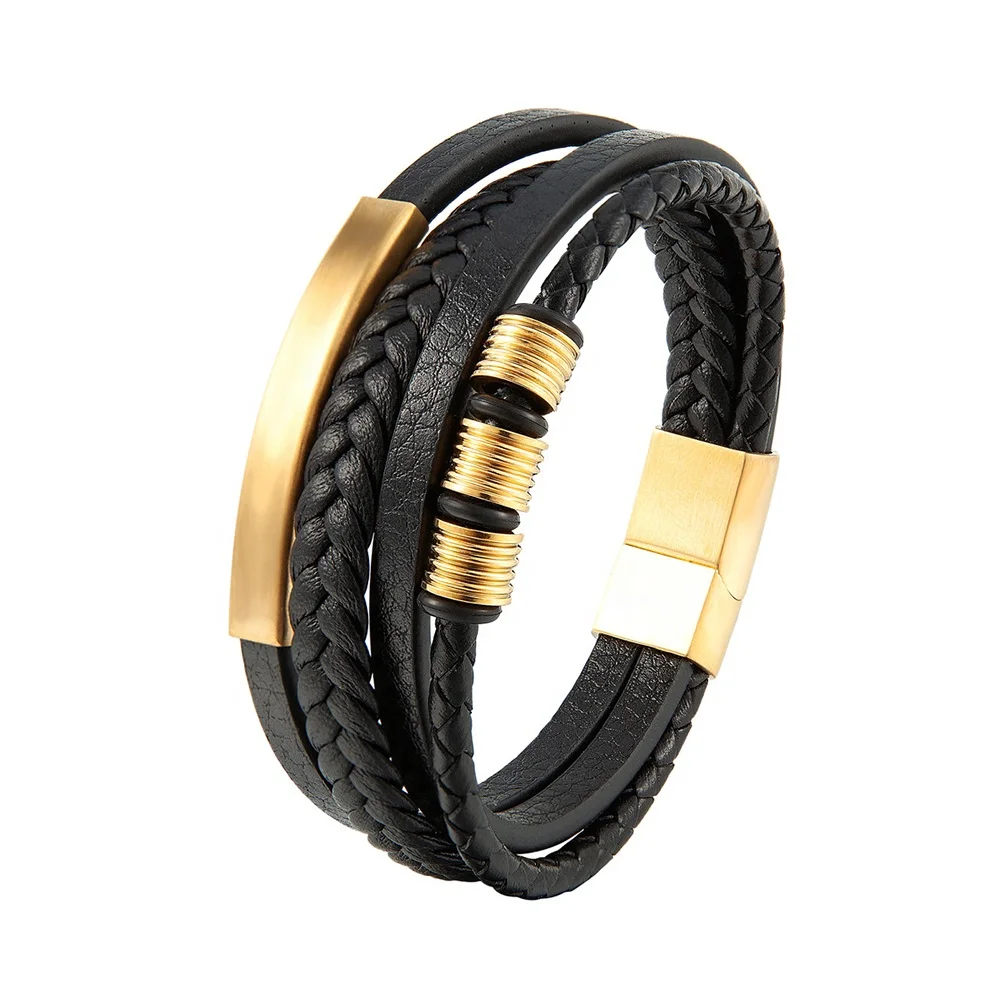 Fashion Multi Layer Woven Bracelet Gold And Black IP Plated Stainless Steel 316L Leather Bracelets For Men