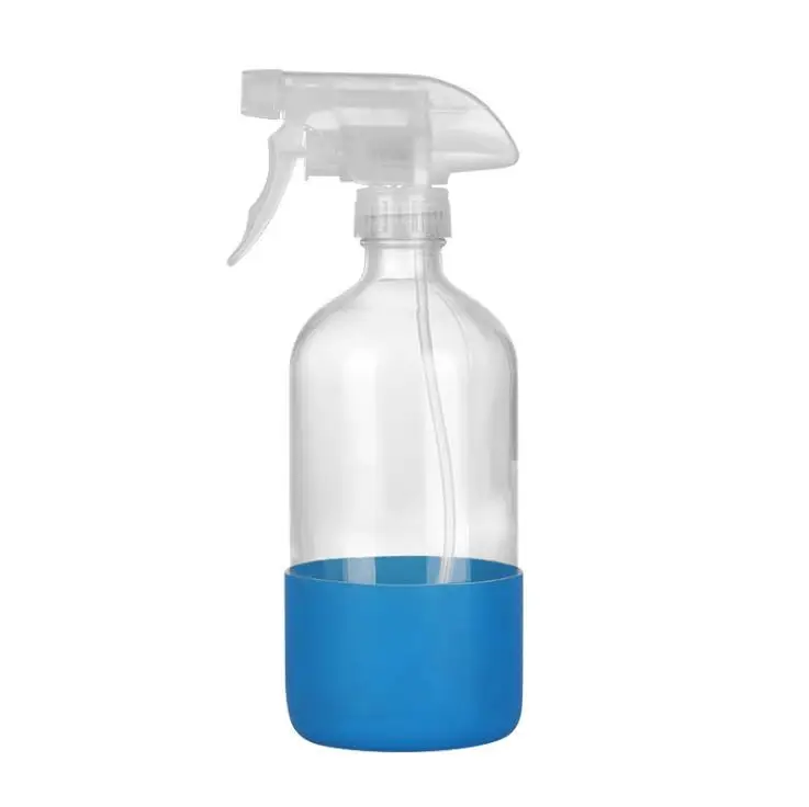 500ml 16oz boston round Pastel Colorful Frosted celar amber blue Glass Spray Bottle With Silicone Sleeve and trigger sprayer